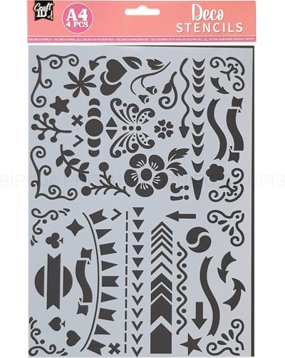 Craft ID set deco stencils - 4x A4 templates - mixed media sjablonen - stencil met letters cijfers pijlen vlinder bloemen takjes