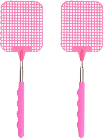 Uitschuifbare lange vliegenmepper - 2x - roze - van 34 naar 76 cm - metaal/kunststof