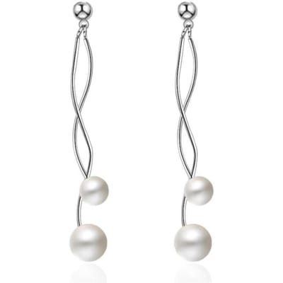 Minimalistische Mode Creatieve Verfijnde 925 Sterling Zilveren Sieraden Eenvoudige Lange Sectie Wilde Golf Parel Hangende Oorbellen SE304 white