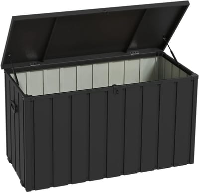 Opbergbox met Deksel - Tuinkussenbox 450L - Kussenbox met Wielen - Tuinbox - Tuinopbergbox - Opbergdoos - Weersbestendig - Voor Buiten in de Tuin - Stalen Frame - Donkergrijs