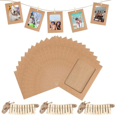 30 stuks papieren fotolijsten, kraftpapier fotolijsten, 15,2x11,5cm kartonnen fotolijsten voor DIY, fotoguirlande met houten clips en henneptouw, Geschikt voor wanddecoratie en kamerdecoratie.