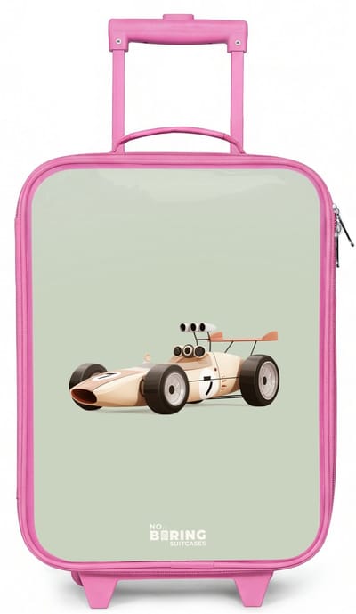 NoBoringSuitcases.com® - Kinderkoffer roze - Kindertrolley meisje - Beige retro raceauto op groen achtergrond - Koffer kind lichtgewicht - Reiskoffer trolley voor kinderen - Koffertje met lichtgevende wieltjes - Rolkoffer