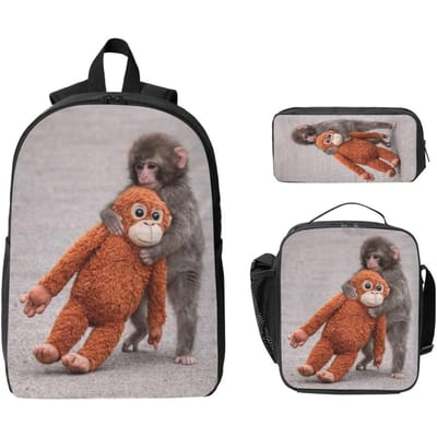3 Stuks Monkey Punch Baby Aap Speelgoed Vasthoudend Rugzak Set voor Meisjes Jongens Pennen Etuis Boekentas Sets met Lunchbox Voor School Dagrugzak
