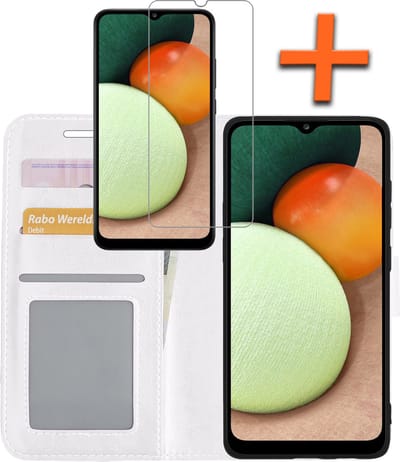 Hoes - Met Screenprotector - Geschikt voor Samsung Galaxy A02s - Luxe Pasjeshouder - Bookcase Portemonee - Flip Case - Kunstleer Book Case - Flipcase - Book Cover - Walletcase - PortemonneeHoes - Wit