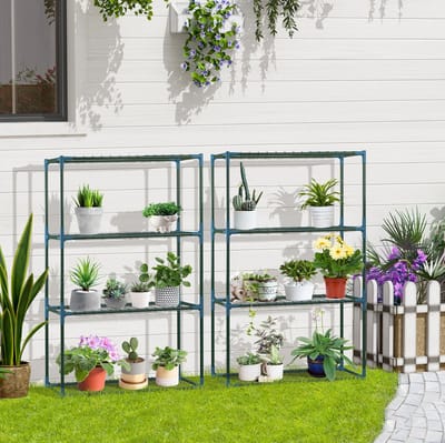 MEUNIQ Plantenrek 2-delige set 70 x 27 x 110 cm, 4 etages, stalen bloemenrek voor balkon en tuin, combineerbaar of los te gebruiken, groen