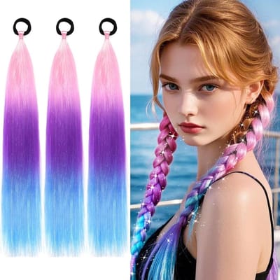 3-delige Ombre Haarverlenging van 60 cm - Stevige Ponytail Haarstuk en Vlecht van Synthetisch Haar in Roze/Paarse/Blauwe Kleuren voor Vrouwen en Meisjes