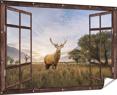 Gards Tuinposter Doorkijk Hert in het Landschap - 180x120 cm - Tuindoek - Tuindecoratie - Wanddecoratie buiten - Tuinschilderij
