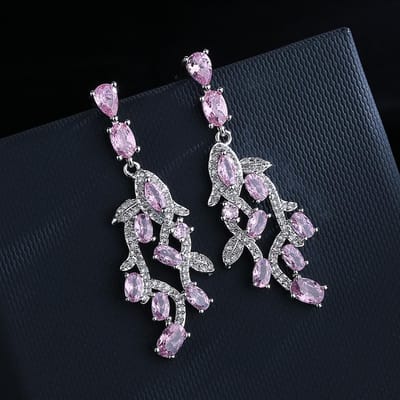 Zilveren Luxe Roze Zirkonia Blad Oorbellen Voor Vrouwen Design Zoet Romantisch Bruiloft Hanger Sieraden Statement Lange Stud Oorbel black