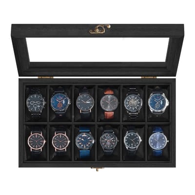 SONGMICS - Horloge Doos - Met 12 Vakken - Massief Hout - Met Glazen Deksel en Horlogekussens