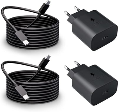 2-Pack 25W USB C Lader, Snelle Lader Voeding Super Fast Charger met 2 m Oplaadkabel Snel Opladen Kabel geschikt voor Samsung Galaxy S25 S24 Ultra/S24/S24+/S23/S22/S21/S20 FE/Note 20/A55 A54 A53 5g A35 A15