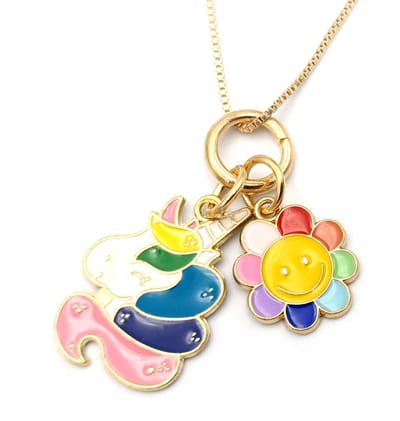 Goudkleurige ketting voor meisjes en dames met multicolor unicorn hanger en zonnetje