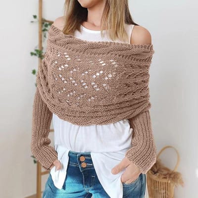 Gilet enveloppant à manches en maille tressée, couleur unie, motif ajouré torsadé au crochet, châle écharpe pour femme, style bohème, écharpe pull gray