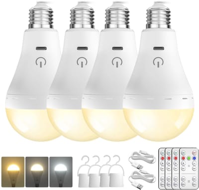 Oplaadbare E27 lamp 4 stuks met afstandsbediening - 3 kleuren dimbare batterij lamp - Draadloze noodverlichting voor thuis, kamperen en buiten