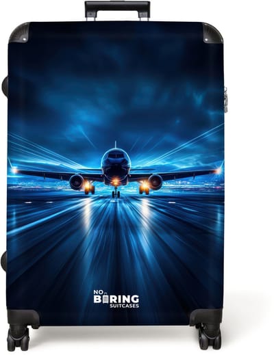 NoBoringSuitcases.com® - Koffer groot - Reiskoffer lichtgewicht - Vliegtuig opstartend in futuristisch nachtlandschap - Rolkoffer met 4 wielen - Grote trolley XL - 98 liter bagage