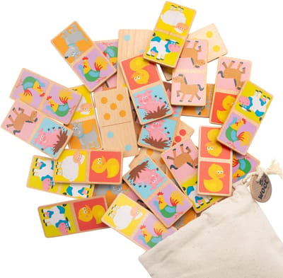 Woet® Houten Domino Spel met Dieren - Spelletjes voor Kinderen - FSC - Inclusief Opbergzak - Educatief Speelgoed - Vanaf 2 Jaar