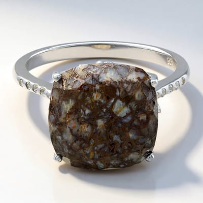 Cavill - Zilveren ring - 925 Sterling zilver - 5,92 ct dinosaurus kwarts Antiek kussenslijpsel - 10 witte topazen 0,069 ct - Boho ring maat 17