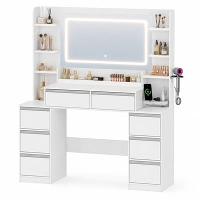 ITRONIQ Make-Up Tafel Met Spiegel en Led Verlichting - 8 Lades - Kaptafel Met Licht - 40x135x145 CM - Modern Slaapkamer Wit