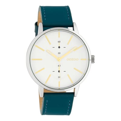 OOZOO Timepieces - Zilverkleurige horloge met viridiaan groene leren band - C10587