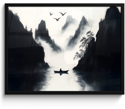Poster in lijst - Fotolijst 70x50 cm - Posters - Roeiboot - Mistig - Bergen - Vogels - Posterlijst zwart - Decoratie - Wanddecoratie woonkamer - Muurdecoratie slaapkamer