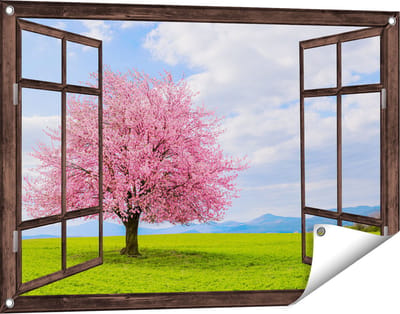 Gards Tuinposter Doorkijk Roze Sakura Bloesem Boom in het Groene Veld - 90x60 cm - Tuindoek - Tuindecoratie - Wanddecoratie buiten - Tuinschilderij