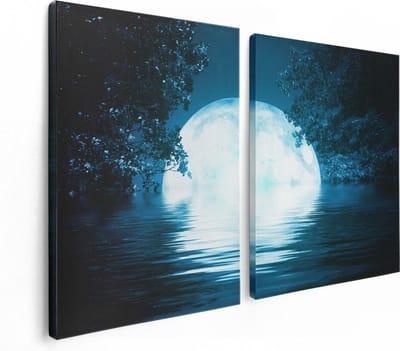 Artaza Canvas Schilderij Tweeluik Volle Maan in het Water - 120x80 - Foto Op Canvas - Canvas Print