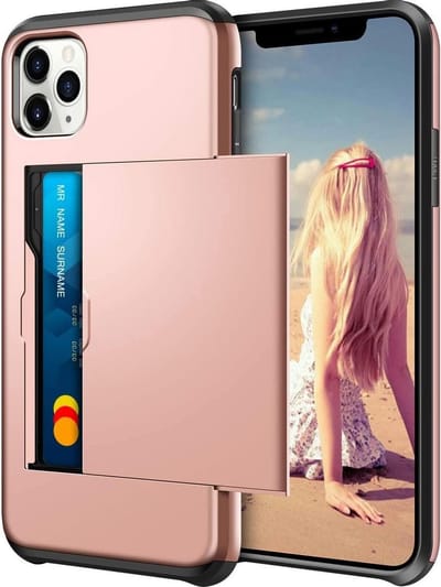 Pasjeshouder Hoesje Geschikt voor Apple iPhone 11 Pro – Shockproof Hardcase Backcover met Verborgen Kaartvak – Roze
