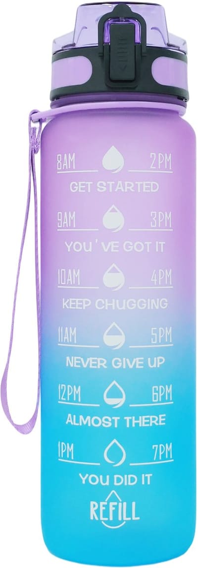 REDOM Waterfles 950 ml met Rietje en Tijdmarkering – Lekvrij Sportfles met Draagriem – Voor Fitness, School, Werk & Reizen – ABS – Paars/Blauw