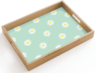 Dienblad hout 40x30 cm - Schootdienblad - Madeliefjes - Pastel - Wit - Groen - Bloemen patroon - Borrelplank rechthoek - Plateau dienbladen