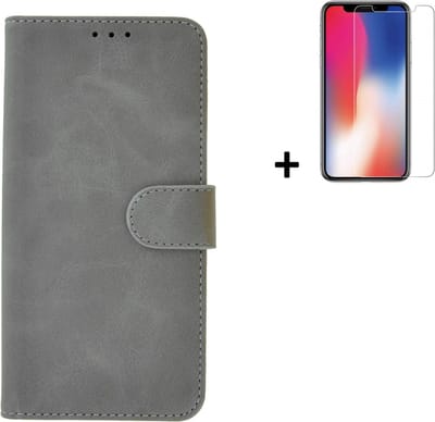 Hoesje Geschikt voor iPhone 11 + Screenprotector iPhone 11 - iPhone 11 Hoes Wallet Bookcase Grijs + Tempered Glass