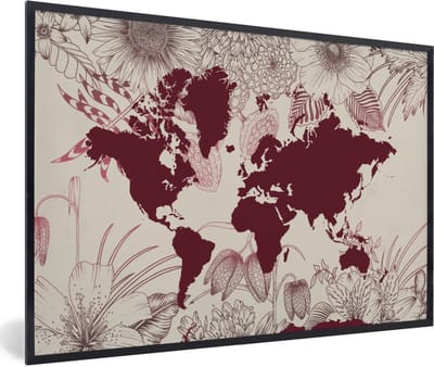 Poster in lijst - Fotolijst 90x60 cm - Posters - Wereldkaart - Rood - Bloemen - Posterlijst zwart - Decoratie - Wanddecoratie woonkamer - Muurdecoratie slaapkamer