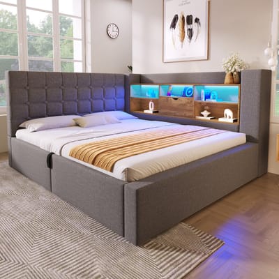 DESMIU Gestoffeerd Bed 140x190 cm – Led en Oplaadpoorten – L-Vormig Hoofdbord met Opbergruimte – Hydraulische Bergruimte – Linnen – Grijs – Zonder Matras