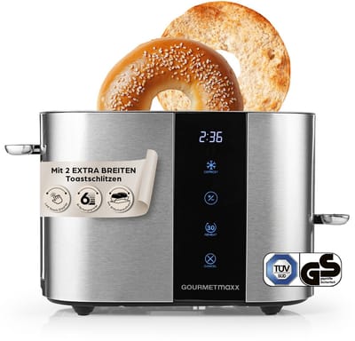 GOURMETmaxx broodrooster met korte sleuf voor 2 sneetjes | Roestvrijstalen broodrooster met 6 bruiningsstanden en Ready-2-eat-countdown | Elektrisch keukenapparaat met touchdisplay, broodjesopzetstuk en opwarmfunctie