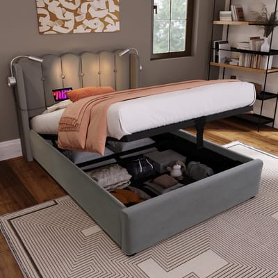 Gestoffeerd bed, eenpersoonsbed, leeslamp met oplaadfunctie, hoofdbord, opbergruimte, bedframe, fluweel, kinderbed 90x200 met lattenbodem, grijs (zonder matras)