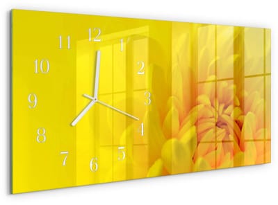 Tulup Wandklok - Bloem Glazen Klok Met Print - 60x30 cm - Geel Moderne Glazen Wandklok - Witte Handen - Rechthoekige Wandklok - Moderne Wandklok Glas - Wandklok Glas Decoratie