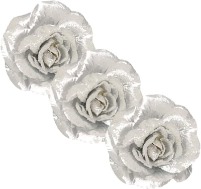 Kerstboomversiering Bloem - 3x - 12 cm - zilver glitter - op clip - ornament - roos