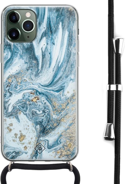 Casimoda® hoesje met koord - Geschikt voor iPhone 11 Pro - Marble Sea - Afneembaar koord - Siliconen/TPU - Blauw