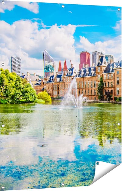 Gards Tuinposter Binnenhof met het Hofvijver in Den Haag - 90x120 cm - Tuindoek - Tuindecoratie - Wanddecoratie buiten - Tuinschilderij