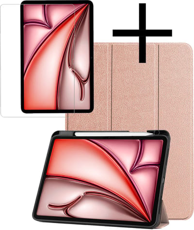 Hoes - Geschikt voor Apple iPad Air (2024/2025/2026) - 11 inch - Met Screenprotector - Trifold Bookcase - Hard Cover Case - Met Uitsparing Geschikt voor Apple Pencil - Hardcover Book - Tablet Hoesje - Rosé goud