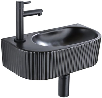 QeramiQ Fuente fonteinset – halfrond – 40x21.5x12 cm – keramiek zwart mat – mat zwarte kraan – geribbeld