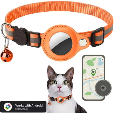 BlueTime ® - Kattenhalsband inclusief Tag - Halsband Kat & Kitten met Kattenbelletje - Gps Tracker Kat zonder Abonnement - Geschikt voor Android Find My Device - Kattenbandje, Poes, Kattenriem air & Tuigje met Houder - Oranje