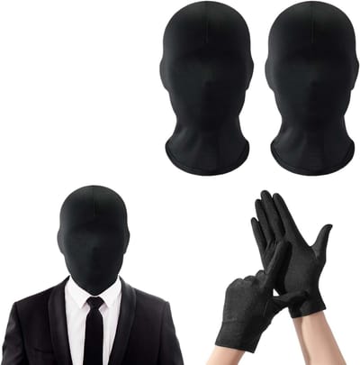 Volledige set zwart masker met 2 paar zwarte handschoenen en 4 tattoo stickers - Elastisch unisex masker voor Halloween kostuum, ademend en lichtgewicht