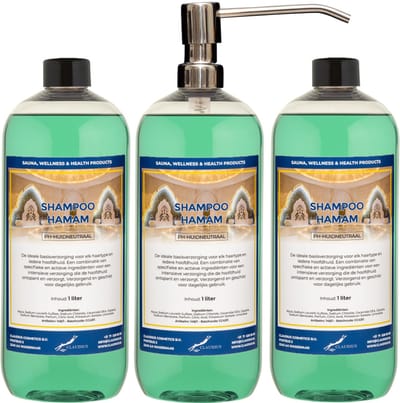 Shampoo Hamam 1 liter met luxe RVS zilverkleurige pomp - set van 3 stuks - voordeelverpakking - haarverzorging