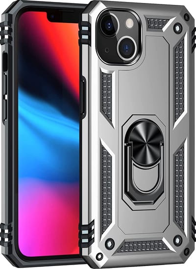 Casemania Hoesje Geschikt voor Apple iPhone 14 Plus - Grijs / Glazen Screenprotector - Anti-Shock Hybrid Armor Back Cover - Hoes met Kickstand Ring
