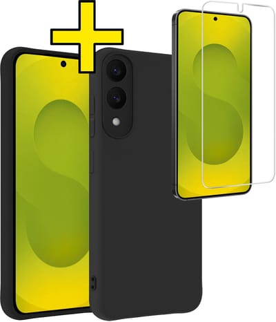 Hoesje - Met Screenprotector - Geschikt voor Samsung Galaxy S25 Edge - Sterk & Shockproof - Back Cover - Siliconen Case - Telefoon Hoes - Telefoonhoesjes - Zwart