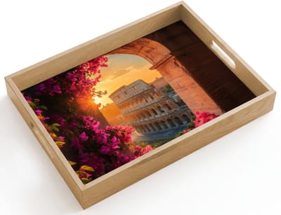 Dienblad hout 40x30 cm - Schootdienblad - Colosseum - Rome - Roze Bloemen - Borrelplank rechthoek - Plateau dienbladen
