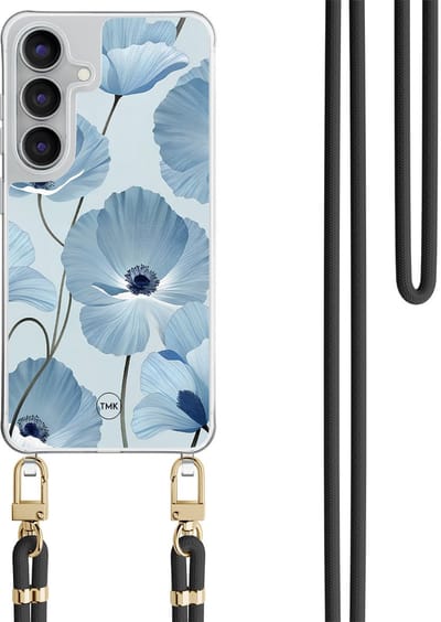 Telefoonhoesje met koord geschikt voor Samsung S25 FE - Blauw bloemenveld - Inclusief Zwart koord - Transparant, Blauw - Bloemen - Crossbody beschermhoes - Met Telefoonketting