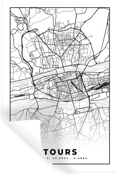 Muurstickers - Sticker Folie - Stadskaart - Tours - Plattegrond - Kaart - Frankrijk - Zwart wit - 20x30 cm - Plakfolie - Muurstickers Kinderkamer - Zelfklevend Behang - Zelfklevend behangpapier - Stickerfolie