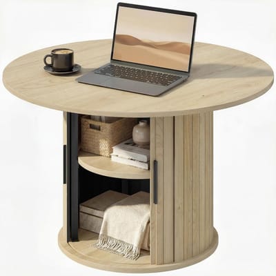 Ronde salontafel - Woonkamertafel - Decoratie opbergen - Schuifdeur met latten - Ø 80 x 50 cm - Natuurlijk hout