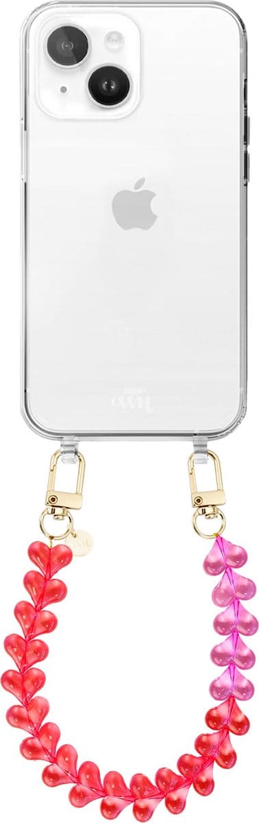 xoxo Wildhearts siliconen hoesje geschikt voor iPhone 15 Plus hoesje - Funky Hearts - Telefoonhoesje - Hoesje met koord - Transparant Roze met Rood koord - kort telefoonkoord - Hartjes ketting - Transparant hoesje
