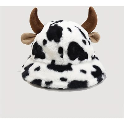 Schattige Trendy Klassieke Bucket Hat Voor Herfst & Winter, Hoorns & Koeienprint Patroon Warme Vissershoed black